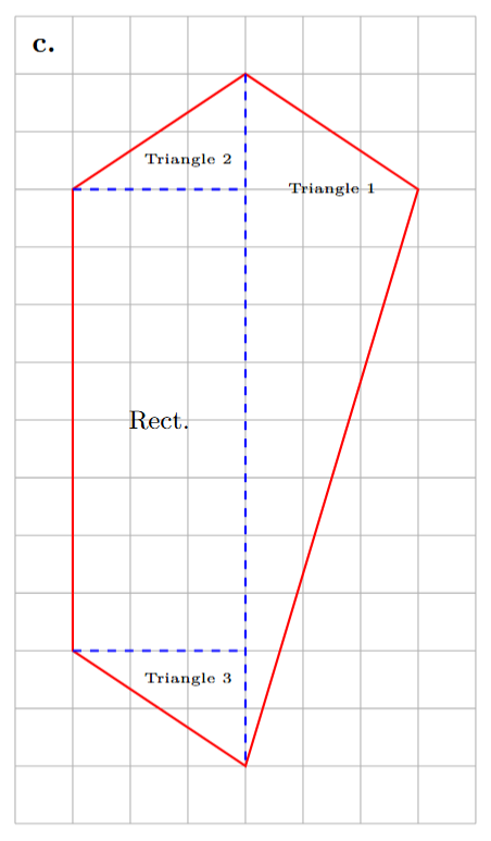 A diagram showing an 8x3 rectangle, a large 12x3 triangle, and two smaller 2x3 triangles.