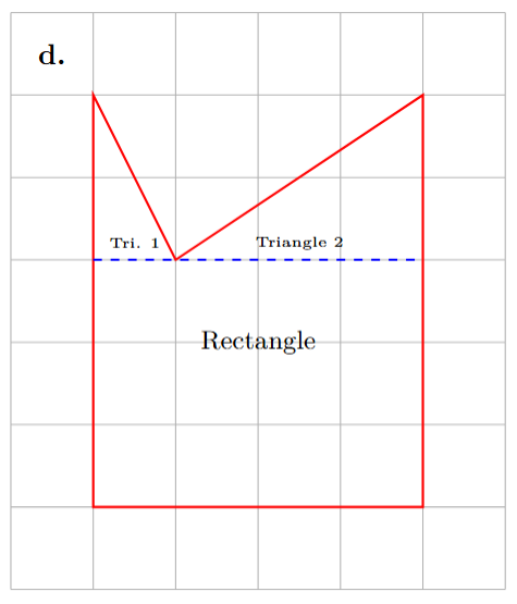 A diagram showing a 4x3 rectangle, with a 1x2 triangle and a 3x2 triangle attached.
