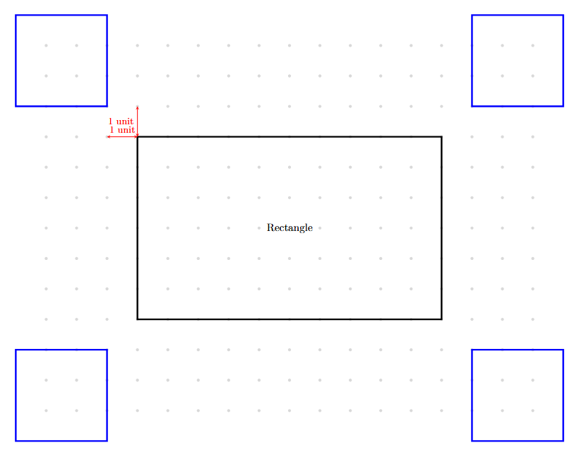 Construction of a rectangle and four squares on dot paper using grid counting for symmetry.