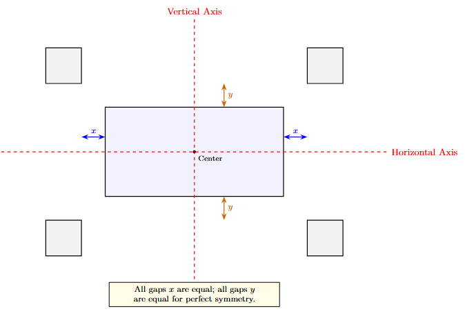 A finished symmetrical diagram showing the axes of symmetry passing through the center of the rectangle.