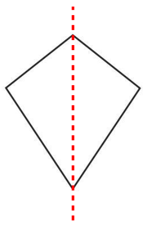 The second figure, a kite-like quadrilateral, with a vertical red dashed line of symmetry.