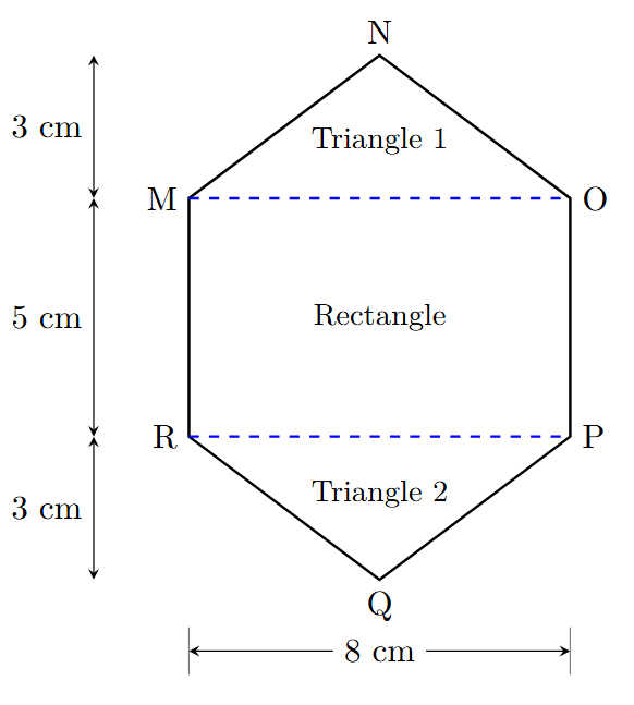 Hexagon divided into two triangles and a rectangle horizontally
