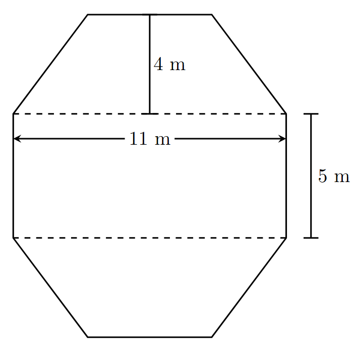 Regular octagon divided into two trapeziums and one central rectangle