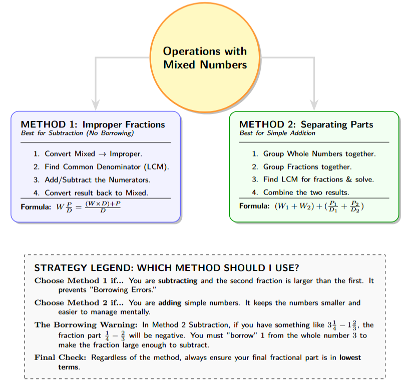 A split flowchart showing Method 1: Convert everything to improper fractions (Best for subtraction). Method 2: Group whole numbers and group fractions (Best for simple addition).
