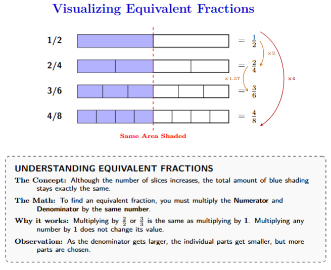 Visual representation of equivalent fractions 1/2, 2/4, 3/6, 4/8