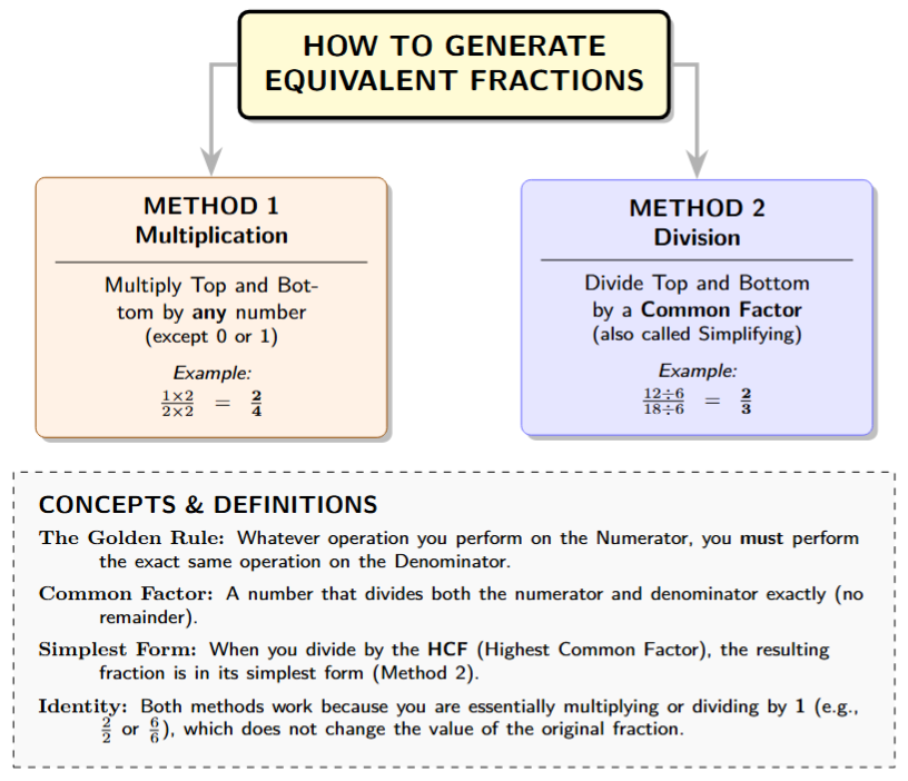 Flowchart showing two paths: 1. Multiply Top and Bottom by any number (except 0 or 1). 2. Divide Top and Bottom by a Common Factor.