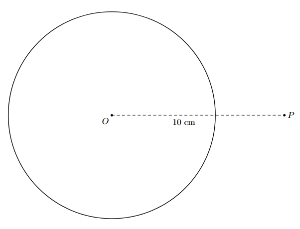 Step 1: A circle with center O, radius 6 cm, and an external point P, 10 cm away, are drawn. The line segment OP is also drawn.
