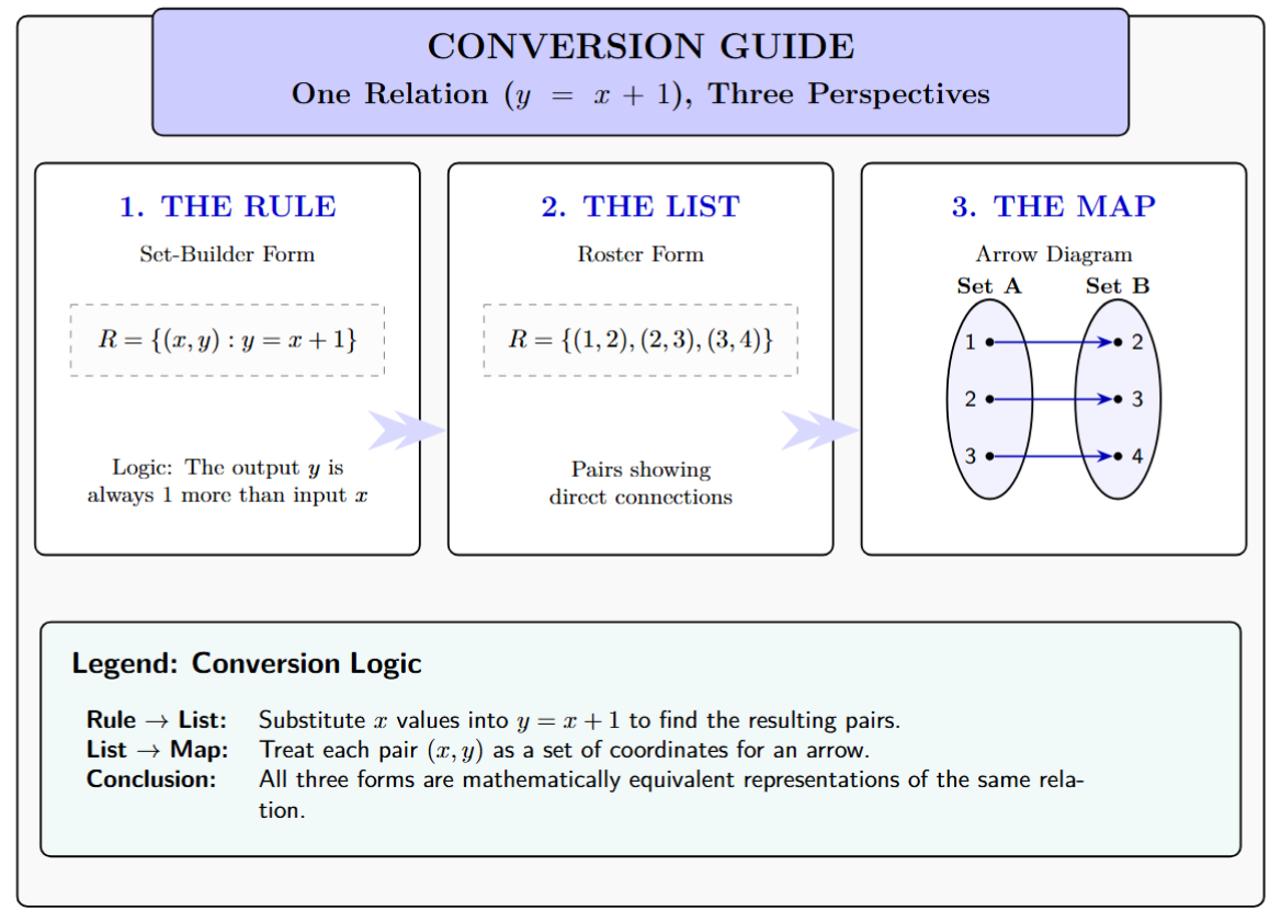 Comparison showing the same relation as a list of pairs, a math rule, and an arrow diagram.