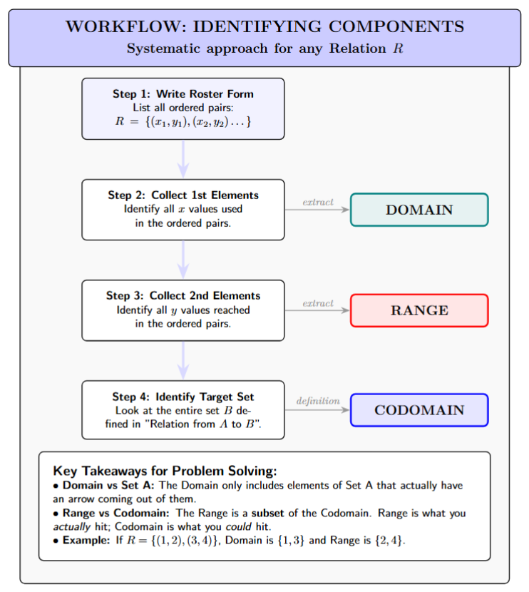 Flowchart showing the steps: 1. List ordered pairs, 2. Pick first elements for Domain, 3. Pick second elements for Range.
