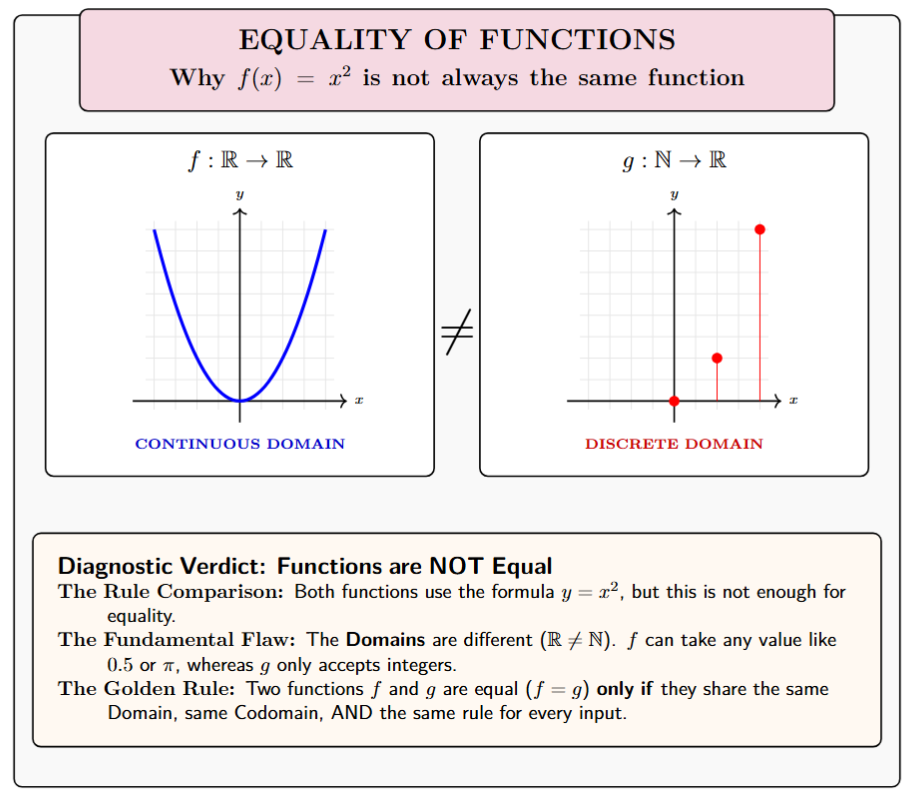 Two graphs side by side: one showing y=x^2 for all real numbers (continuous curve) and one showing y=x^2 only for natural numbers (discrete dots). They look different because the domains differ.