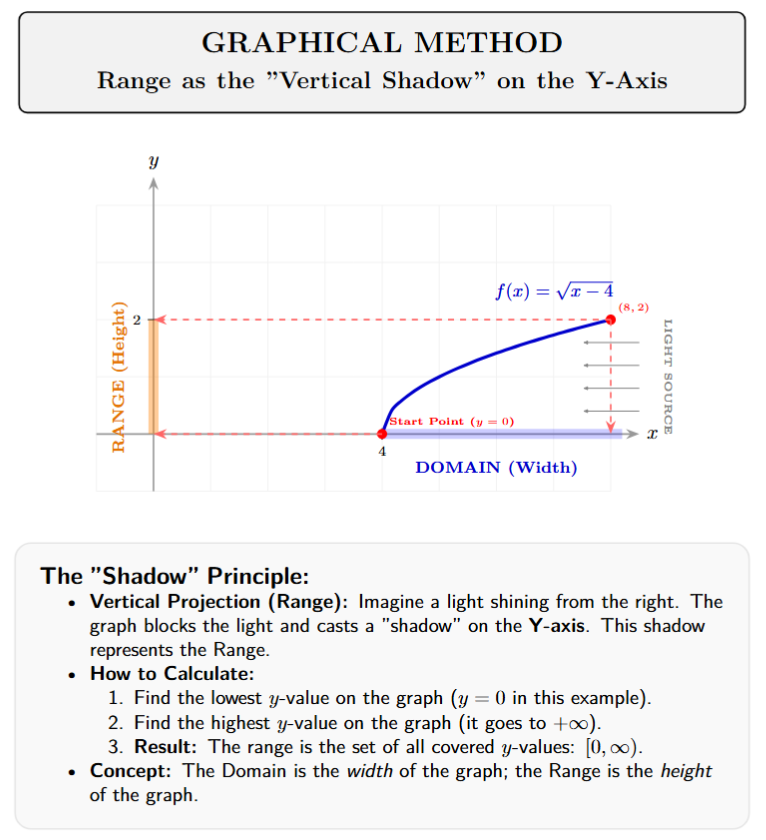 A coordinate plane showing a graph and its horizontal projection onto the X-axis (Domain) and vertical projection onto the Y-axis (Range).