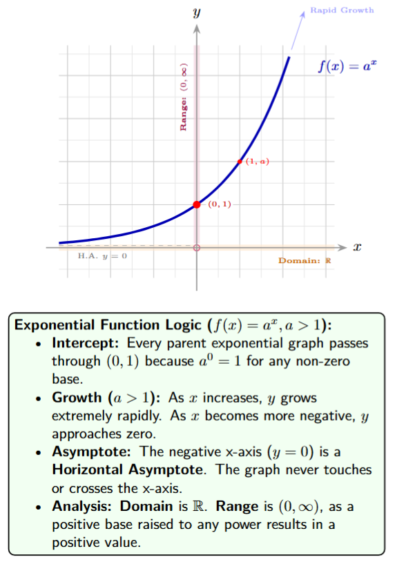 Graph showing a curve rising from left to right passing through (0,1)