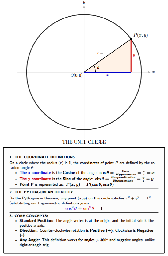 Unit circle with point P(x,y) on its circumference, showing the angle theta from the positive x-axis to the radius OP, and the coordinates (x,y)