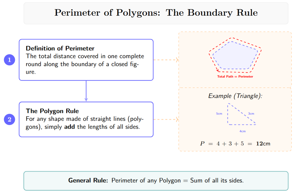 Polygon with sides labeled and a dashed line showing the walking path along the boundary