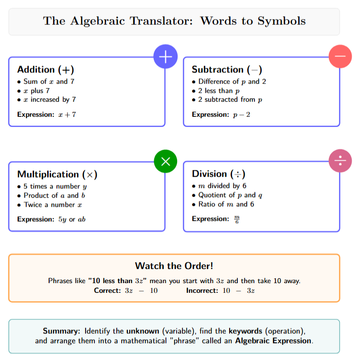 A table showing translation of keywords: Addition (sum, plus, increased by), Subtraction (difference, less than, subtracted from), Multiplication (product, times, twice), Division (quotient, ratio, divided by).