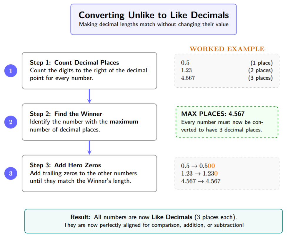 Flowchart: 1. Count decimal places for each number. 2. Find the winner (the number with the most places). 3. Add 'Hero Zeros' to the others until they all match the winner.