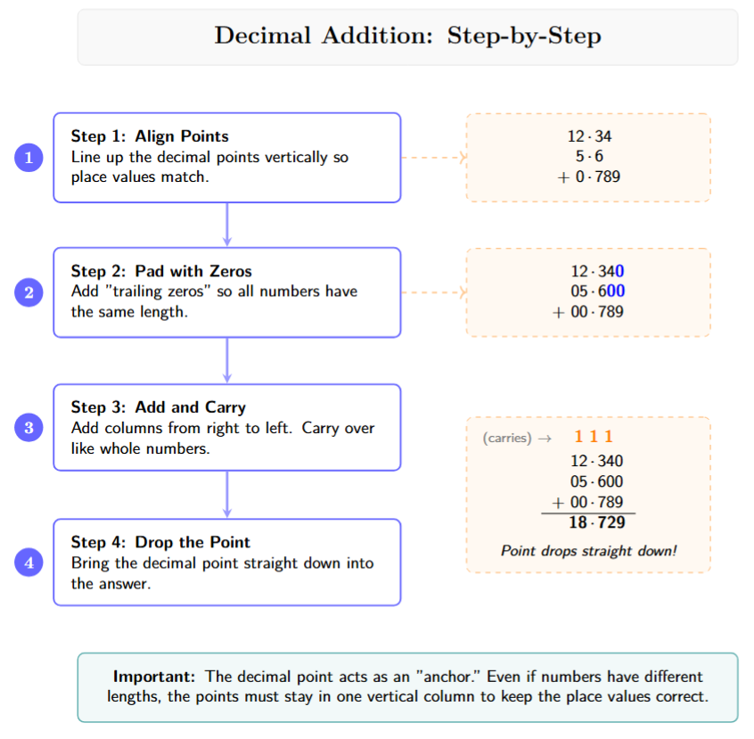 Flowchart: 1. Line up the decimal points. 2. Pad empty spots with zeros. 3. Add column by column from right to left. 4. Drop the decimal point straight down.