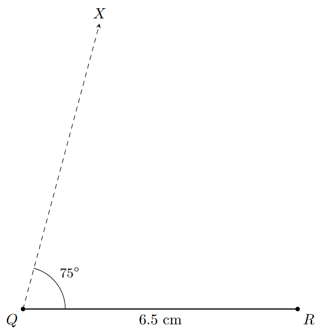 An angle of 75 degrees is constructed at point Q on the line segment QR.