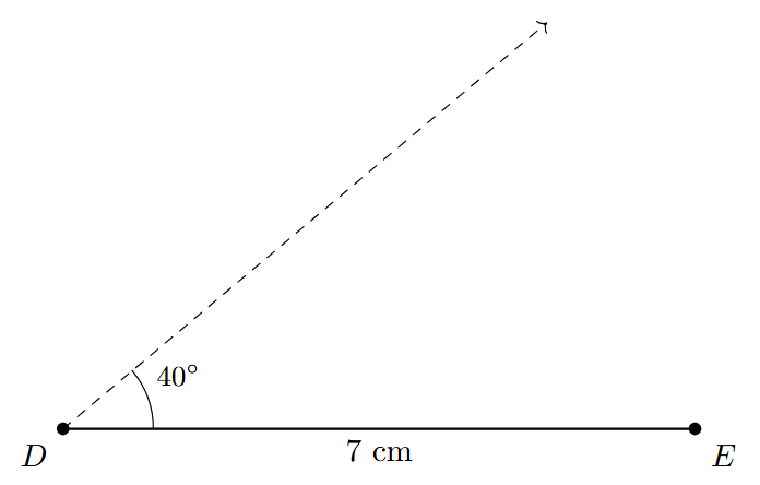 A ray DX is drawn from point D, making a 40-degree angle with the segment DE.
