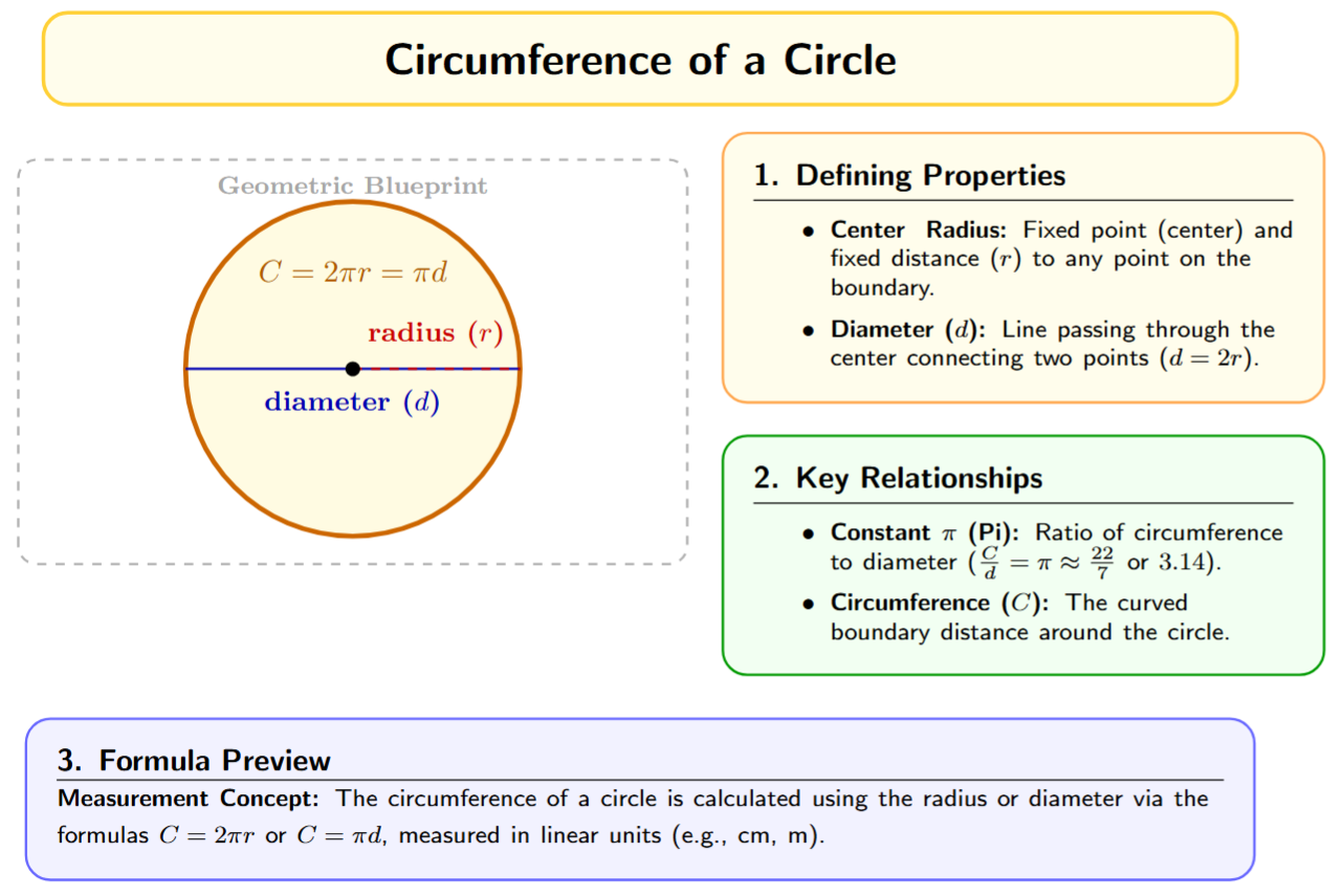 Circle showing center, radius, and diameter.