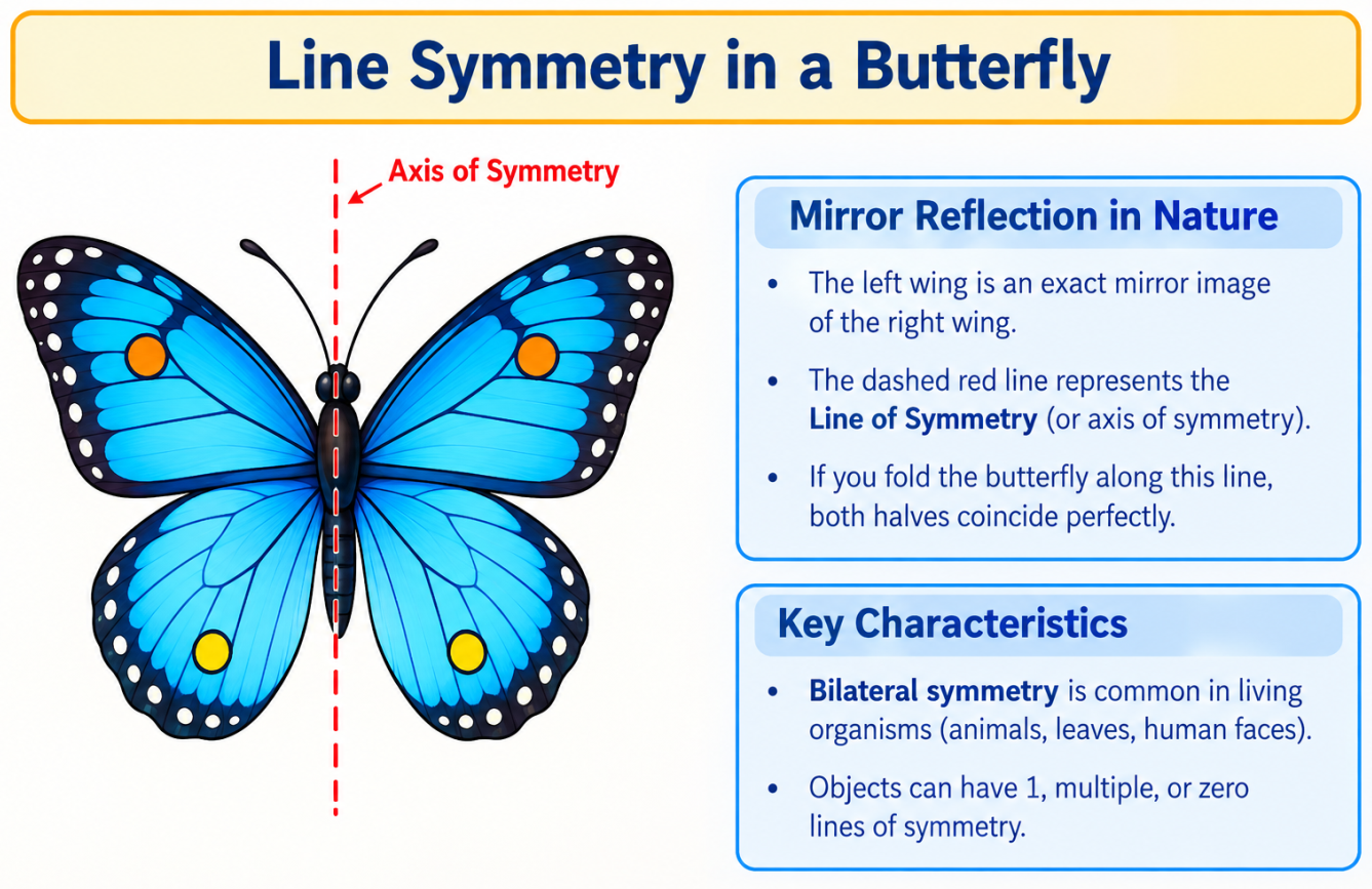 A butterfly showing a vertical line of symmetry, where the left wing is a mirror image of the right wing.