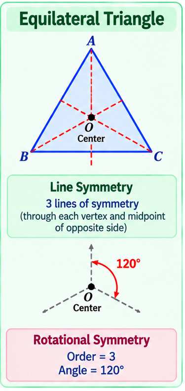 Equilateral triangle showing both line and rotational symmetry.
