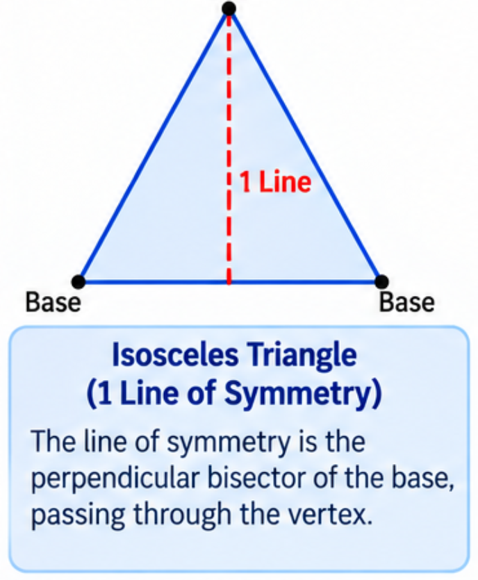 Isosceles triangle showing one vertical line of symmetry.