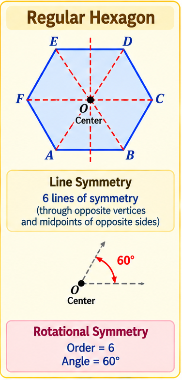 Regular hexagon showing both line and rotational symmetry.