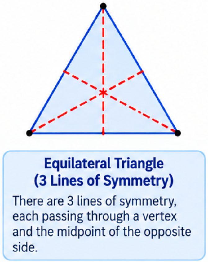 Equilateral triangle showing three lines of symmetry, one from each vertex.