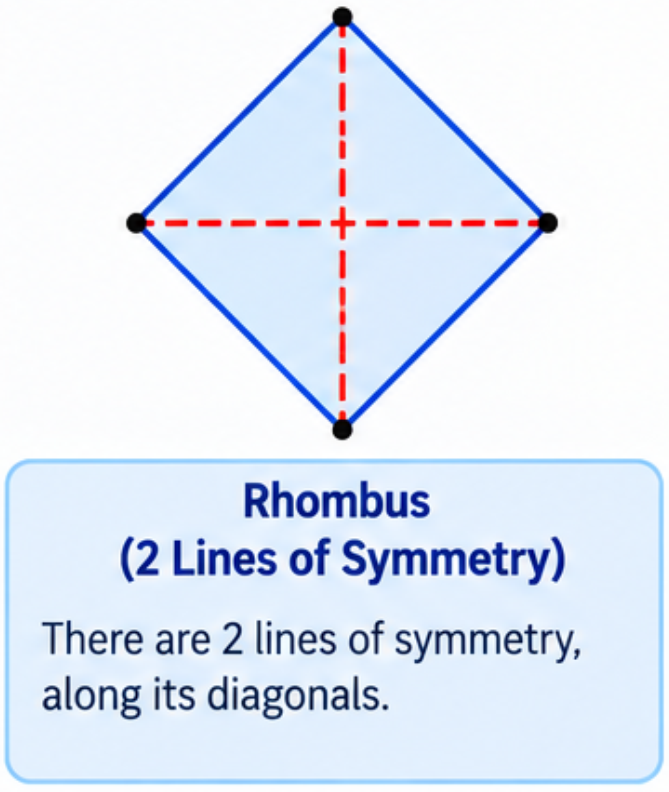 A rhombus showing its two diagonals as its lines of symmetry.