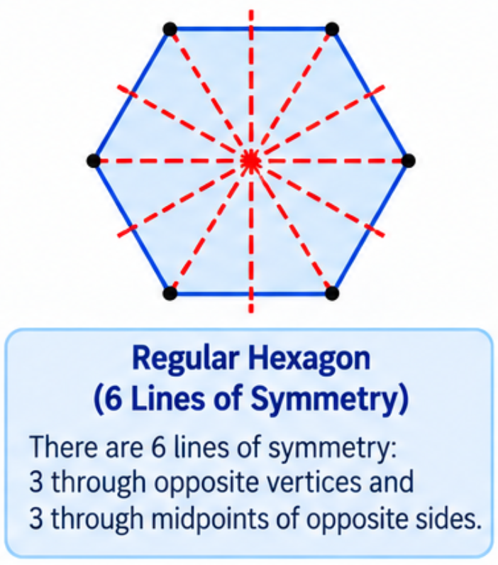 A regular hexagon showing its six lines of symmetry.