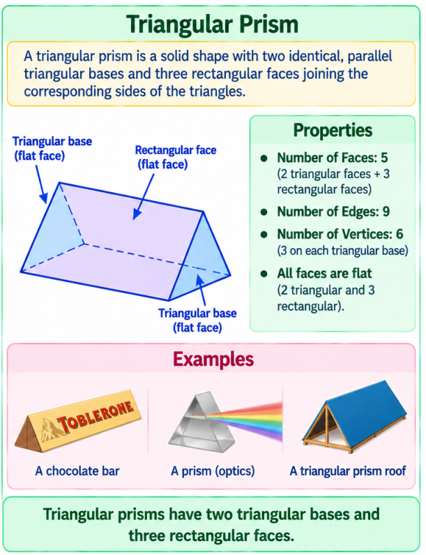 Diagram of a triangular prism showing faces, edges, and vertices.