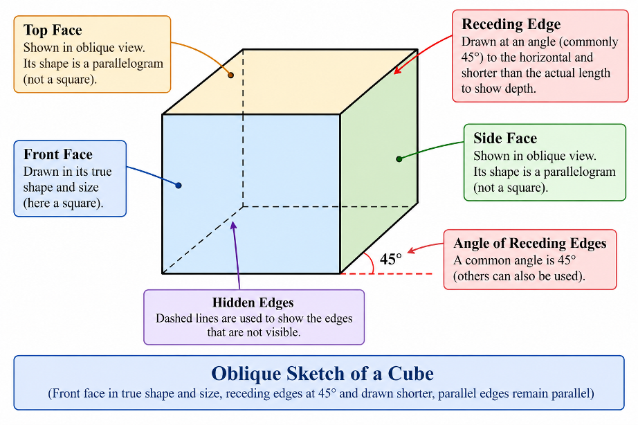 Oblique sketch of a cube.