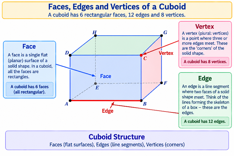Cuboid showing faces, edges, and vertices labelled.