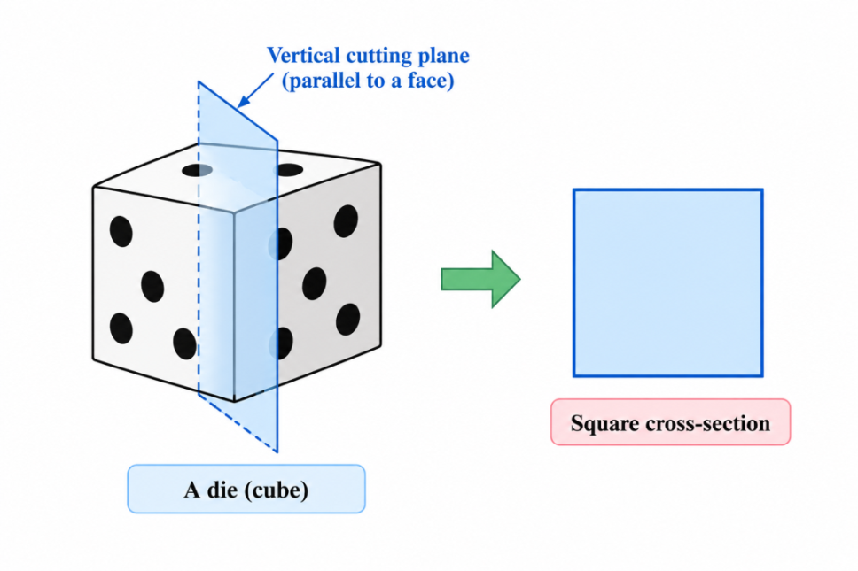 Square cross-section of a cube (die).
