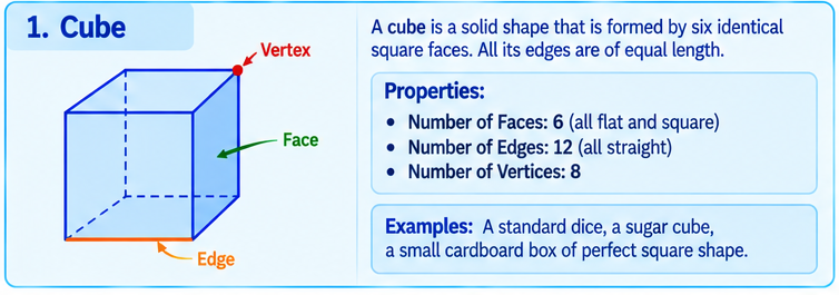 Diagram of a cube showing faces, edges, and vertices.