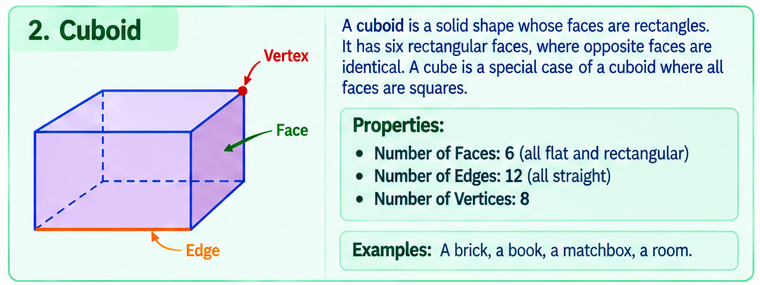 Diagram of a cuboid showing faces, edges, and vertices.