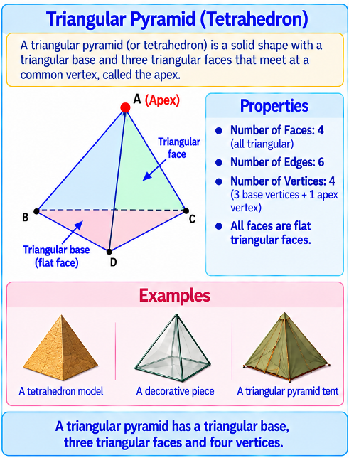 Diagram of a triangular pyramid showing faces, edges, and vertices.