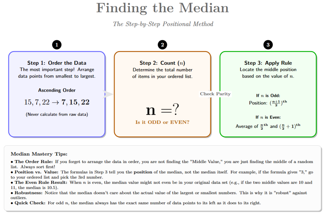 Flowchart showing steps to find the median: Sort data, count n, and apply odd/even rules