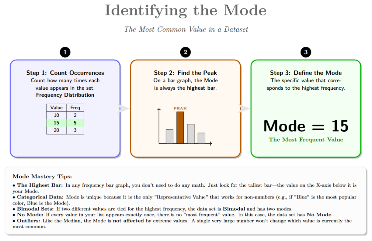 Bar graph showing the highest bar representing the Mode of the dataset