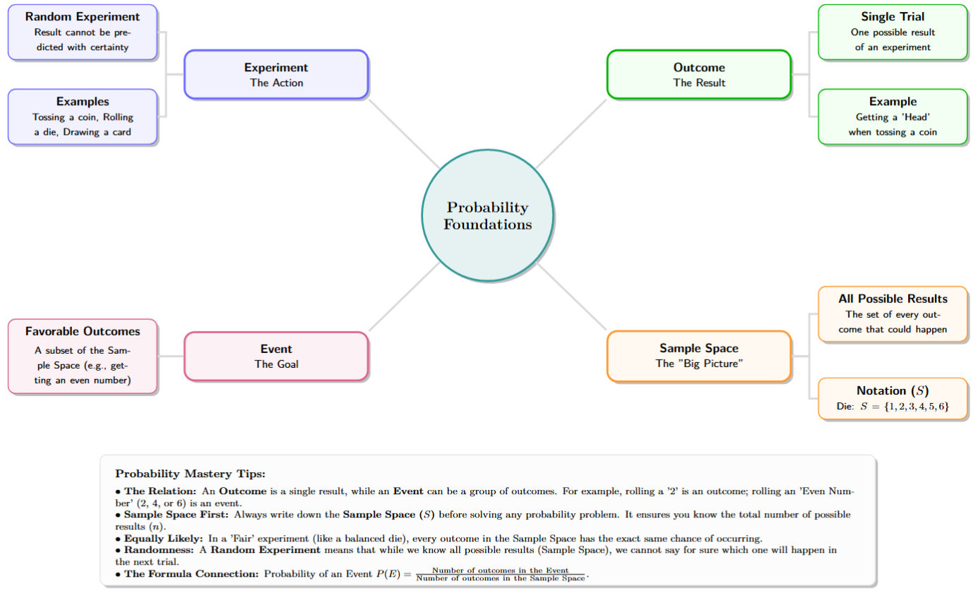 Mind map defining Experiment, Outcome, Sample Space, and Event