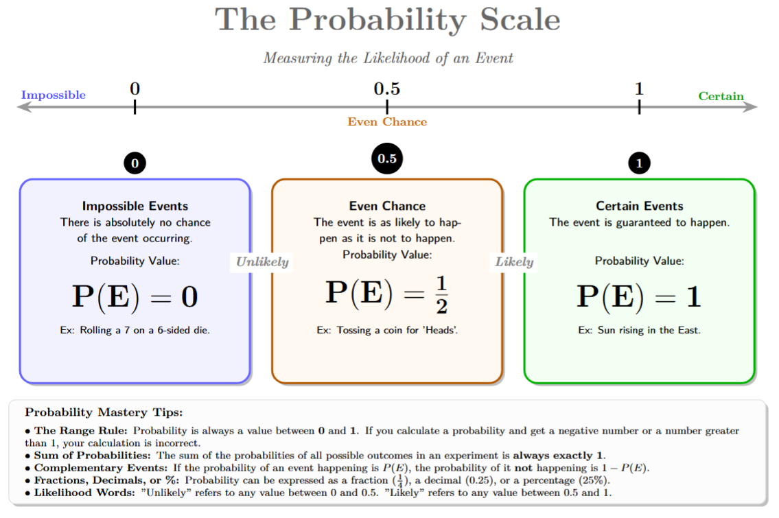 Probability line from 0 to 1 showing Impossible, Unlikely, Even Chance, Likely, and Certain