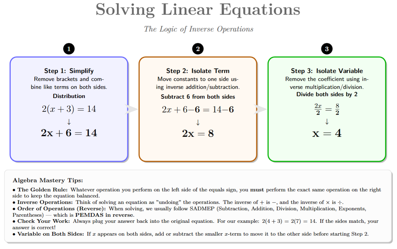 Flowchart showing steps to solve an equation: Simplify, then Add/Subtract, then Multiply/Divide