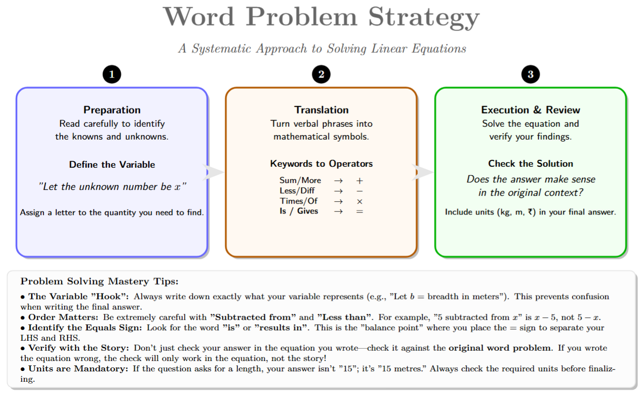 Flowchart showing steps: 1. Read, 2. Define Variable, 3. Write Equation, 4. Solve, 5. Check