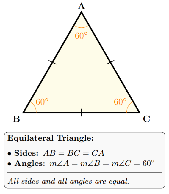 An equilateral triangle with all three sides marked equal and all three angles marked as 60 degrees.