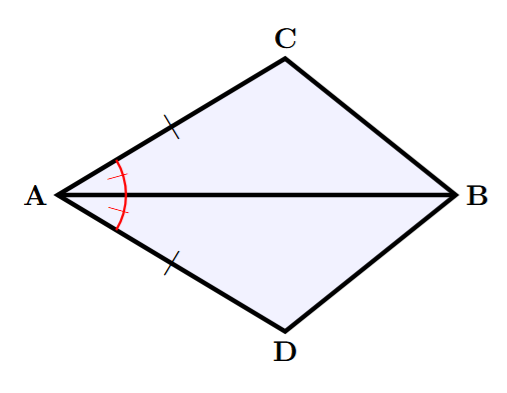 Figure shows a point A, from which lines AC, AD, and AB are drawn. AB is between AC and AD. AC=AD is marked. AB bisects angle CAD.
