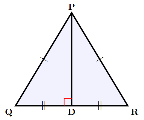 Isosceles triangle PQR with PQ=PR. D is midpoint of QR. Line segment PD is drawn.