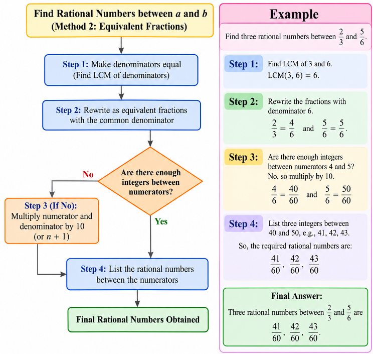 Flowchart: Find LCM -> Rewrite Fractions -> Check Gap -> Multiply by 10 if needed -> List Numbers