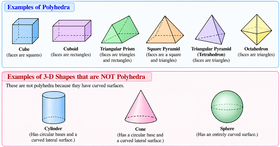 Examples of polyhedra: cube, pyramid, prism