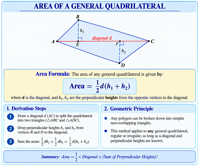 Quadrilateral with diagonal d and perpendicular heights h1, h2